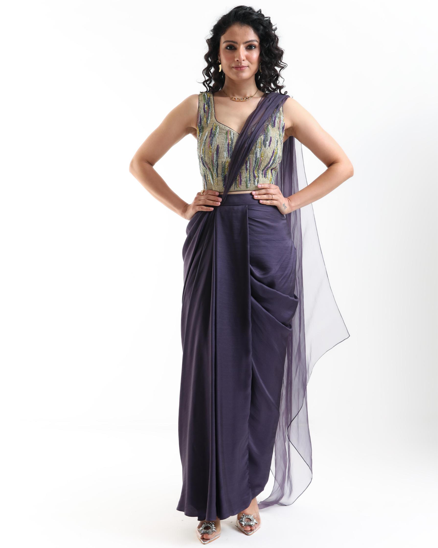 Midnight Bloom SAREE And Textured Green Multicoloured EMB Cross Blouse