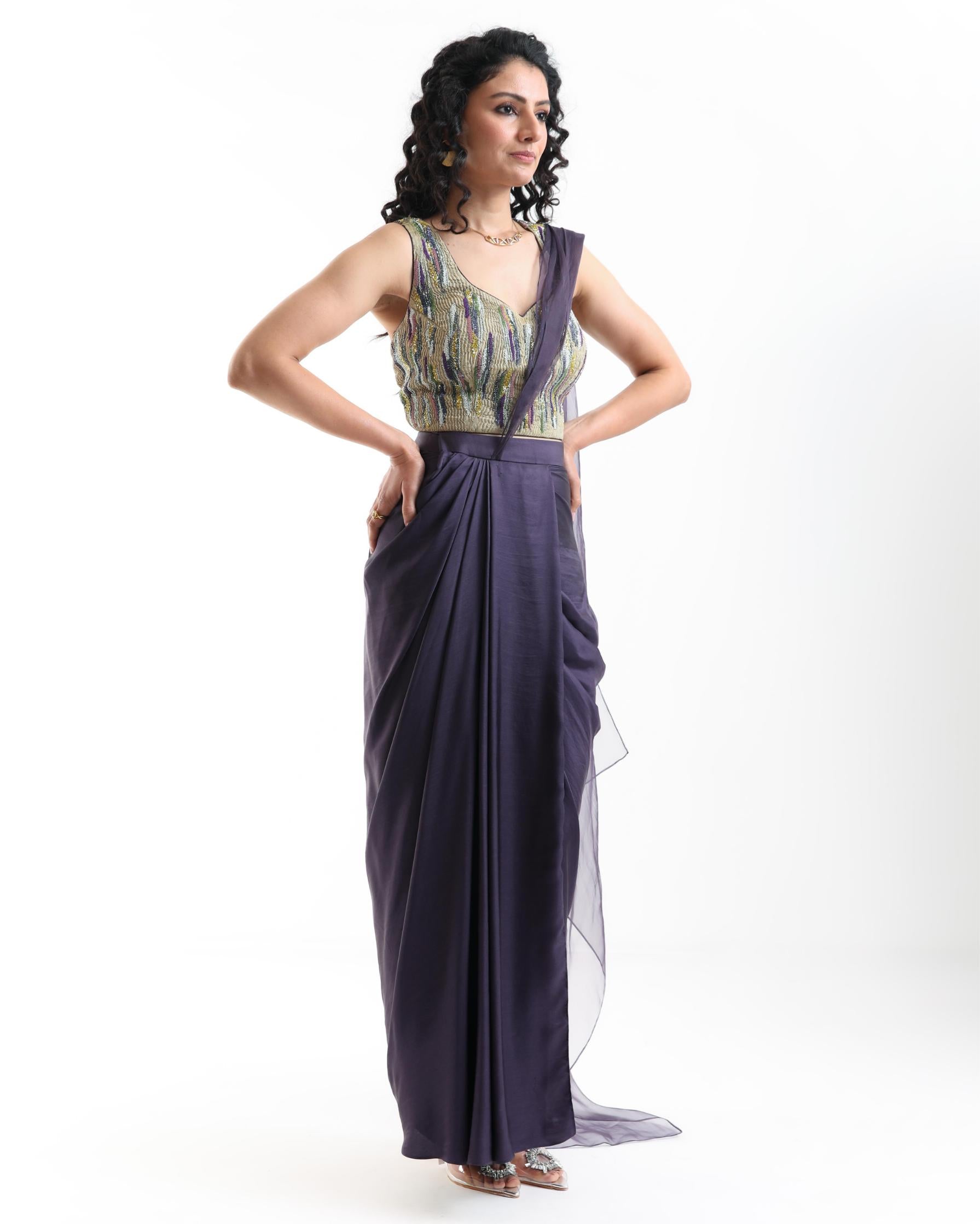 Midnight Bloom SAREE And Textured Green Multicoloured EMB Cross Blouse