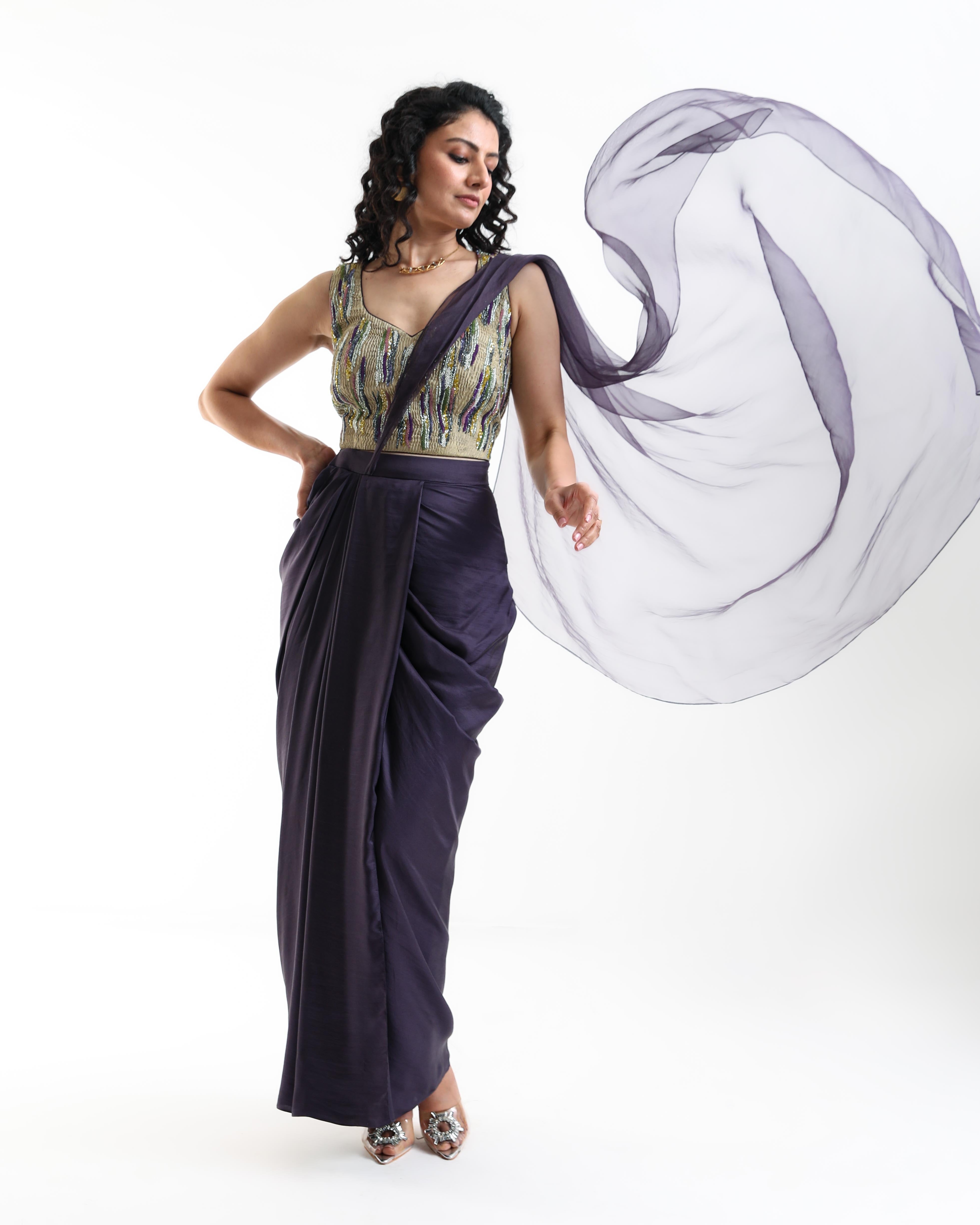 Midnight Bloom SAREE And Textured Green Multicoloured EMB Cross Blouse