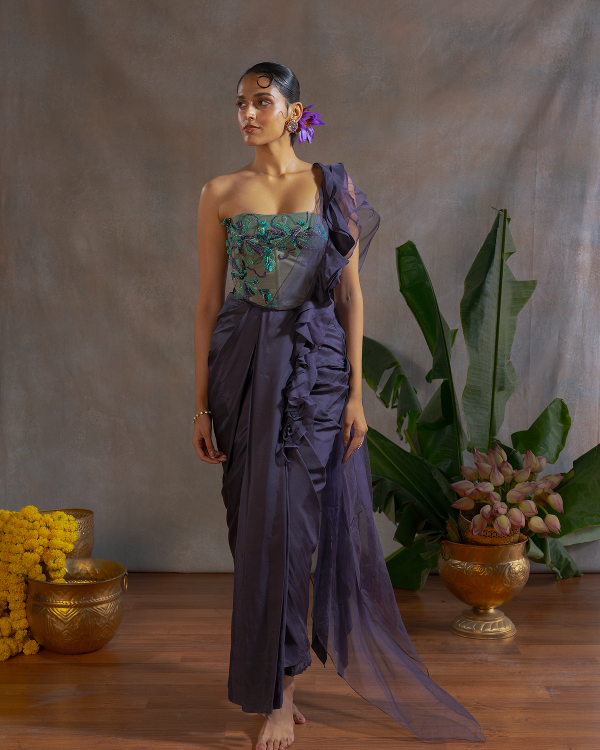 PLUM RUFFLE SAREE