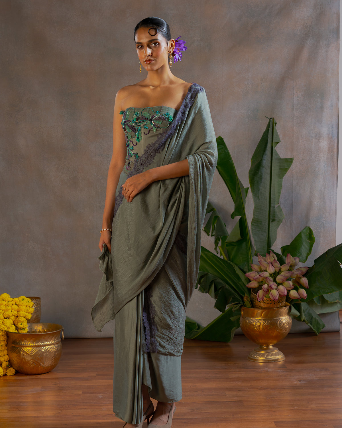 SAGE GREEN PRE DRAPED SAREE