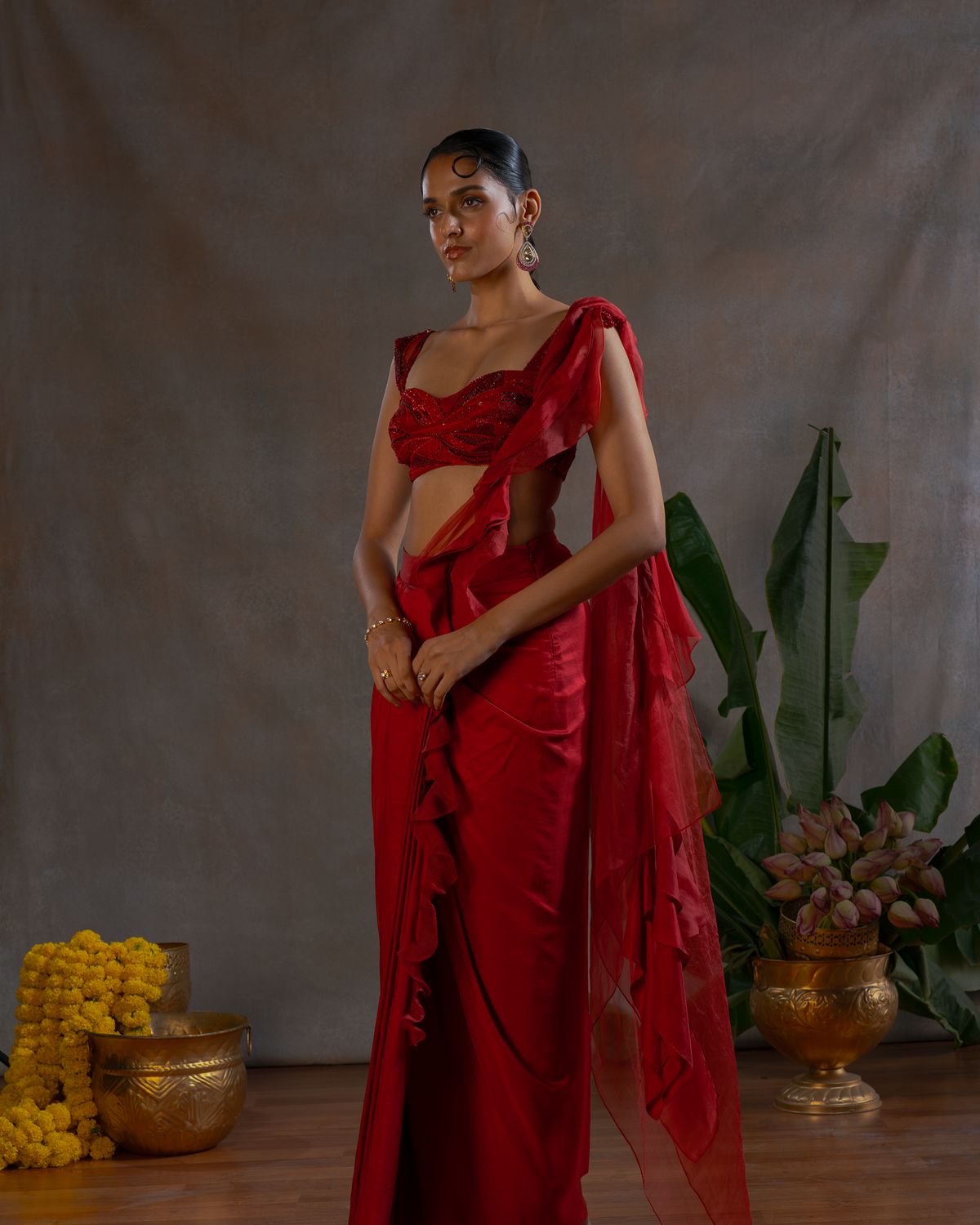 ROYAL RED RUFFLE SAREE