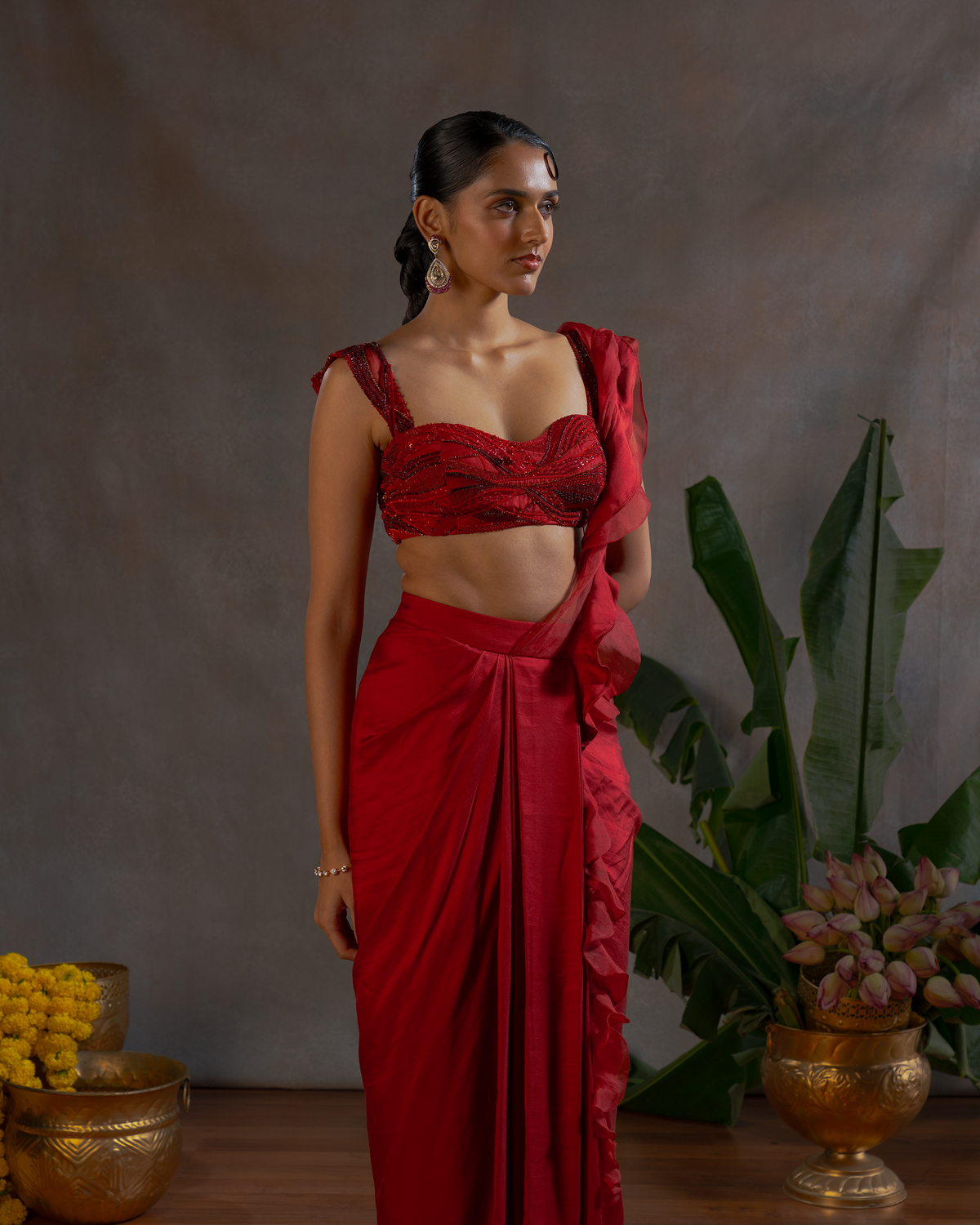 ROYAL RED RUFFLE SAREE