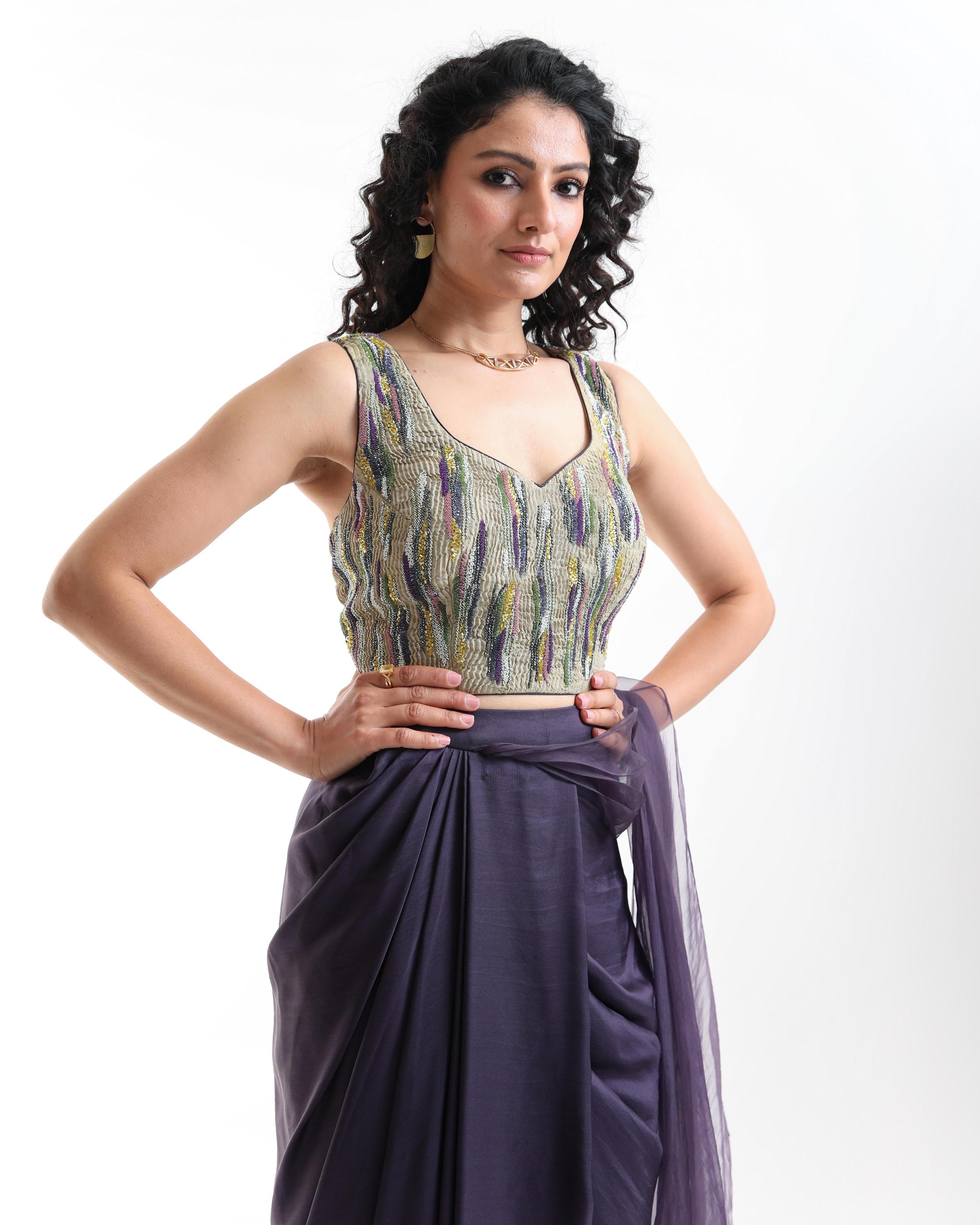 Midnight Bloom SAREE And Textured Green Multicoloured EMB Cross Blouse