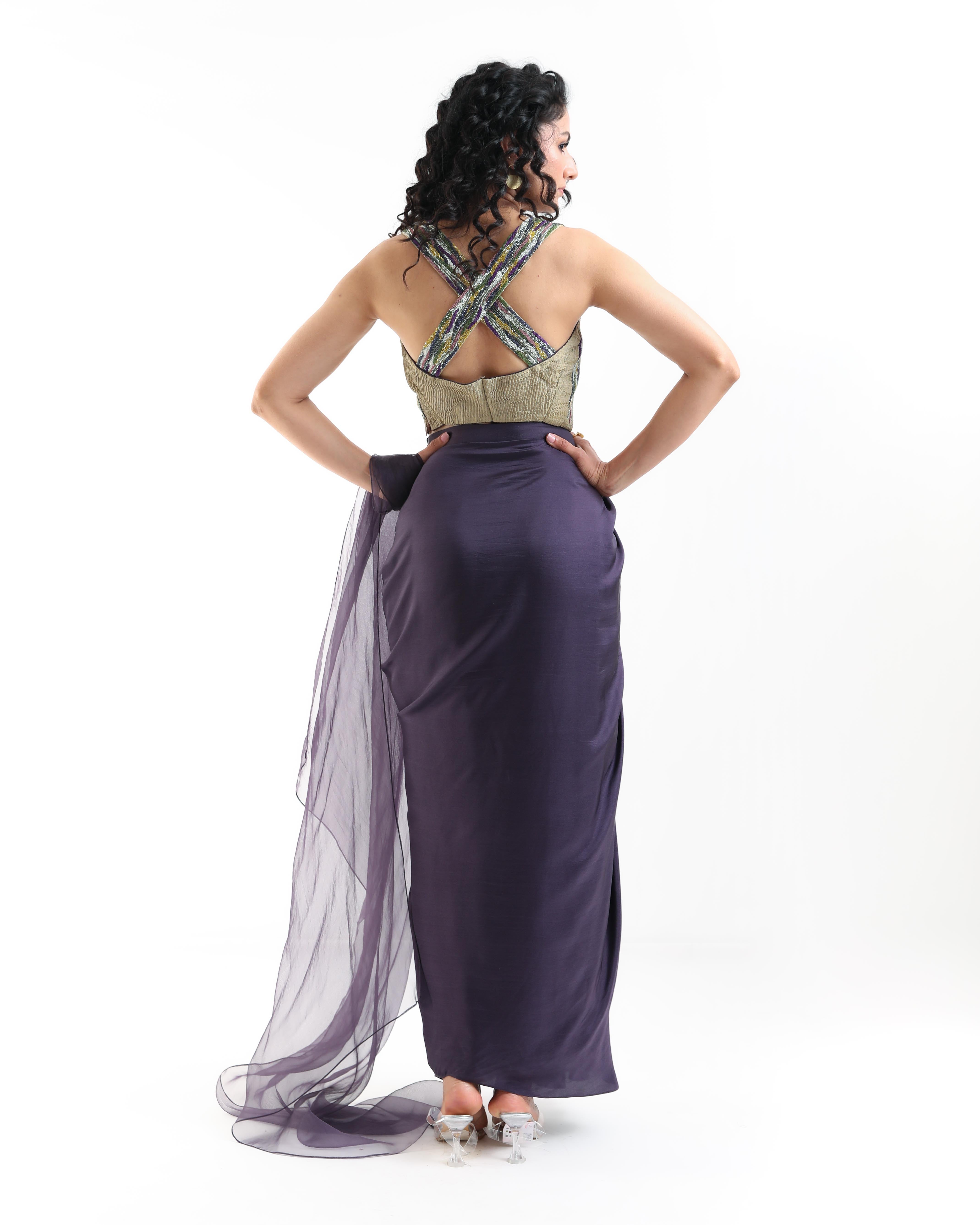 Midnight Bloom SAREE And Textured Green Multicoloured EMB Cross Blouse