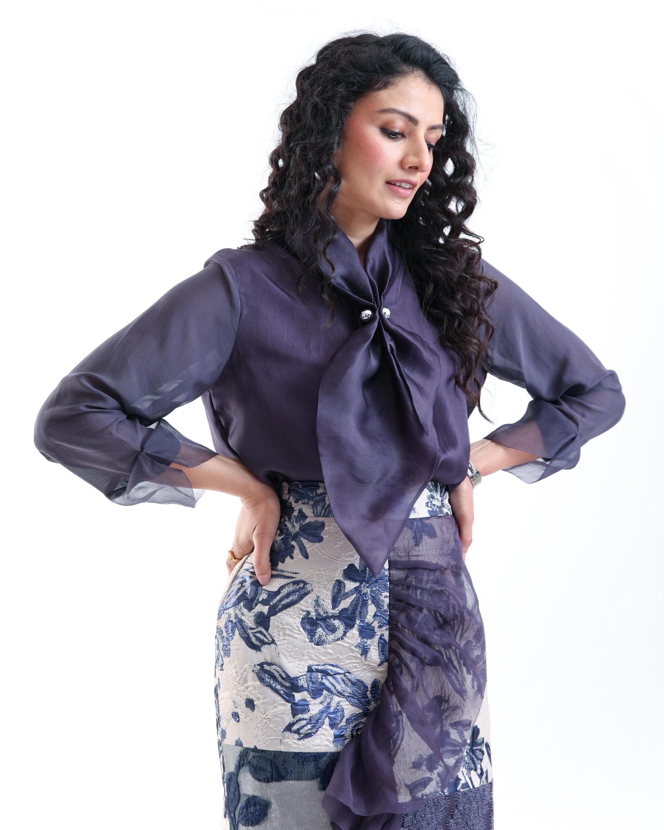 Purple Scarf Collar Shirt