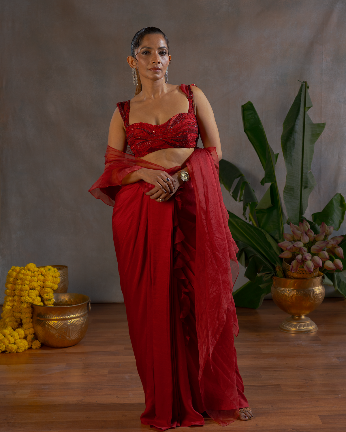 ROYAL RED RUFFLE SAREE