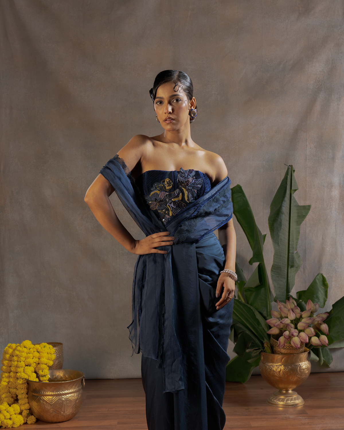 MIDNIGHT FLOWY PRE-DRAPED SAREE