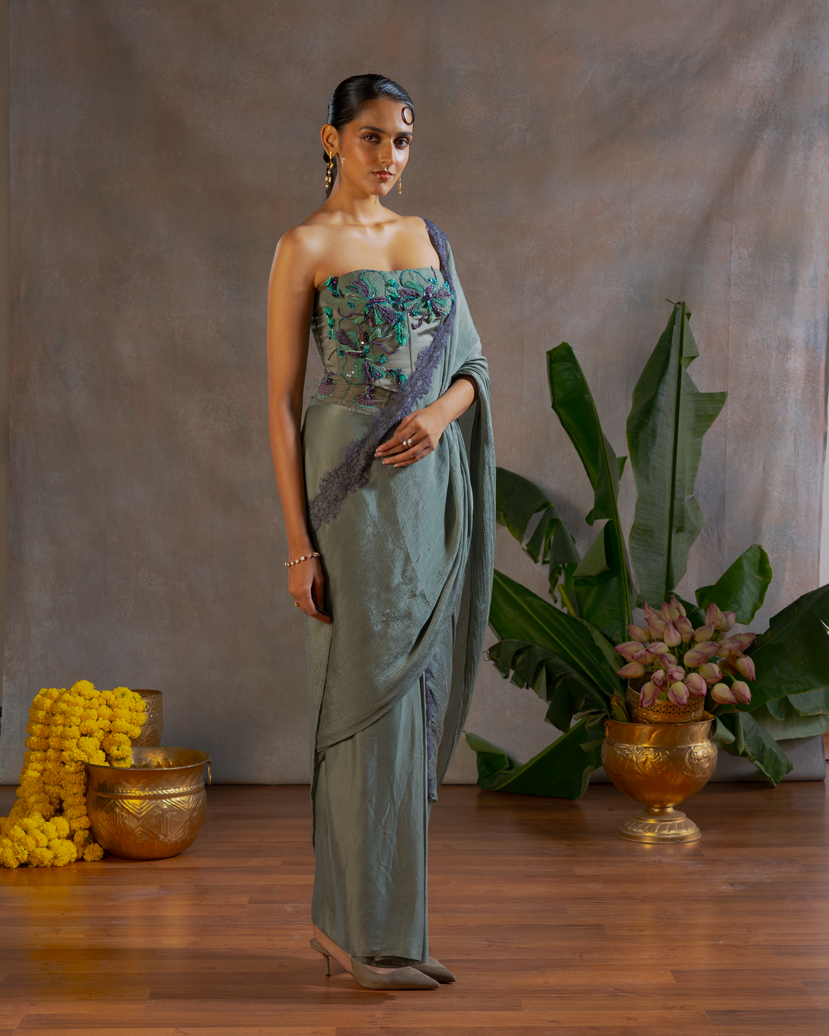 SAGE GREEN PRE DRAPED SAREE