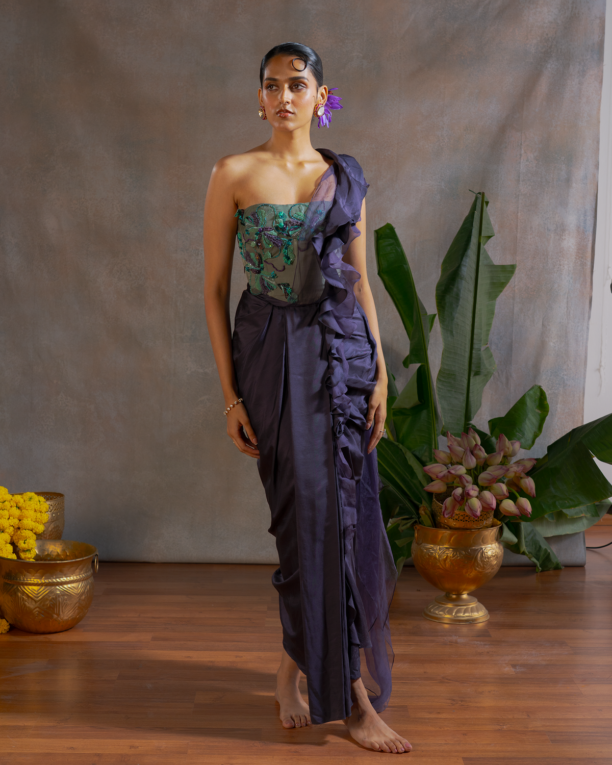 PLUM RUFFLE SAREE